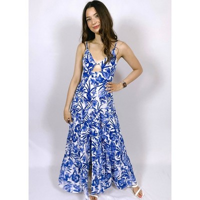JardinVue Floral Maxi Dress Cobalt Blue Womens Medium Sleeveless V Neck New