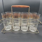 Vtg Federal Glass Co. Gold Leaf Highball Tumblers (set of 8) w/ Rack