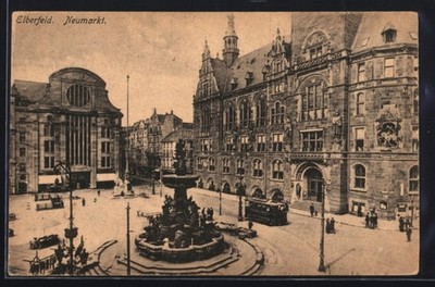 AK Elberfeld, Neumarkt mit Brunnen u. Strassenbahn aus der Vogelschau 1922 