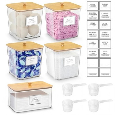 Laundry Pods Storage Container, 4+1 Set Clear Storage Bins with Bamboo Lids f...