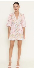 FORE Floral Eyelet Puff Sleeve Mini DressTop Cottagecore Romantic Pink Sz L