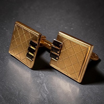 Vintage Cufflinks Mens Gold Tone Brushed Checkered Black Glass Baguettes