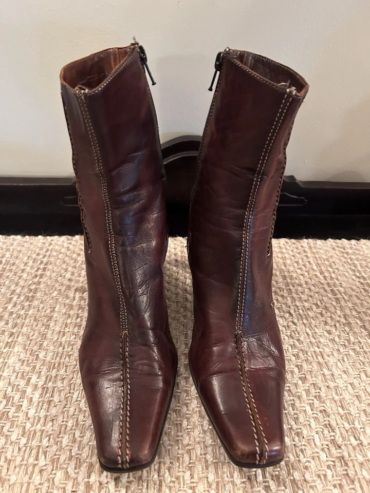 Botines Sesto Meucci Punta Cuadrada Marrón Rústico Cremallera Exponer Costuras Talla 7.5M Foto 3 de 4