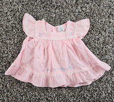 Vintage Baby Girls Sz 0-3M Short Sleeve Dress Pink Floral Embroidered 1980s