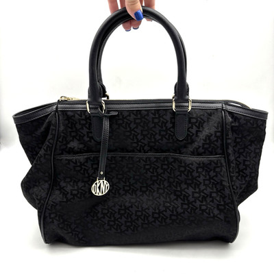 NEW 2015 DKNY Black Signature Monogram Canvas Faux Leather Tote Purse 17x11''