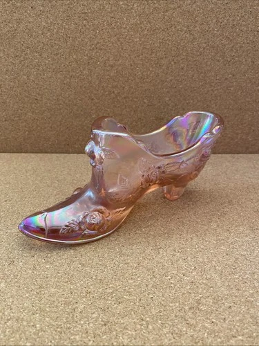 Art Glass Iridescent Pink Cabbage Rose Shoe