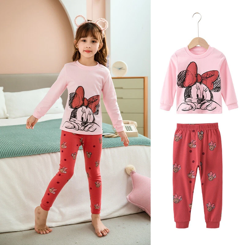 Minnie Mouse Girls Pajamas Home Clothes Pink Tops+Pants Sleepwear Child  Clothing