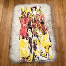 Calvin Klein Linen Blend Abstract Watercolor Yellow Orange Sheath Dress size 4P