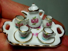  DOLLHOUSE MINIATURE ~ PINK ROSEBAND TEA SET ~ REUTTER PORCELAIN
