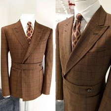Men Suits Wool Blend Tweed with Belt Check Formal Jacket Blazer Slim Fit Dinner