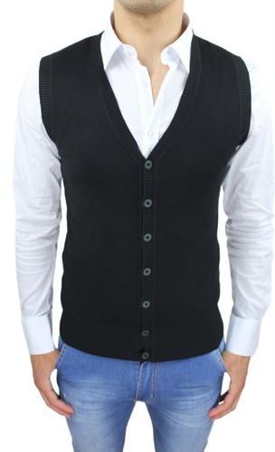 GILET SMANICATO UOMO NERO CASUAL SLIM FIT ADERENTE MAGLIONCINO CARDIGAN  GOLFINO | eBay