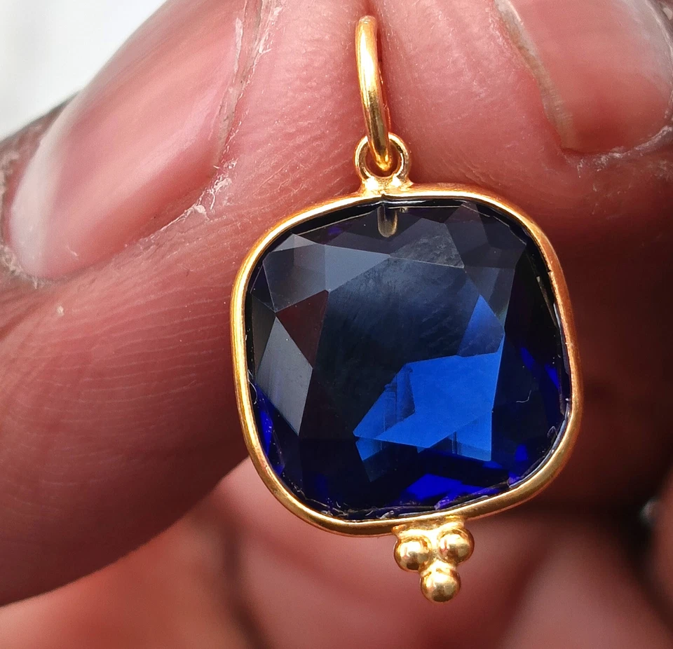 Lab-Created Blue Sapphire Pendant, 18K Yellow Gold Charm Handmade Pendant - Image 4 of 4