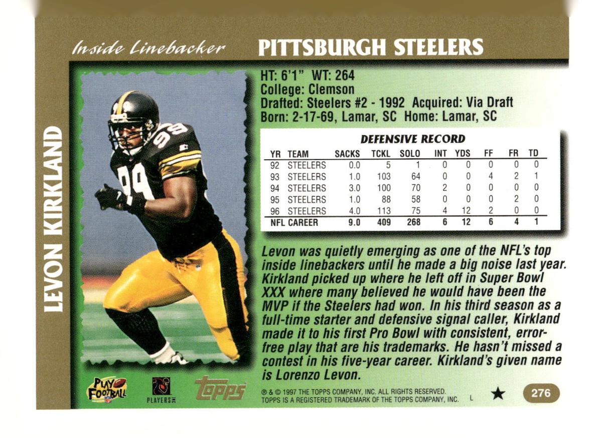 ❣️激レア‼️greatest match 1997〜2003 ラ・リーガ 1997 Topps #276 Levon Kirkland Pittsburgh Steelers Football Card