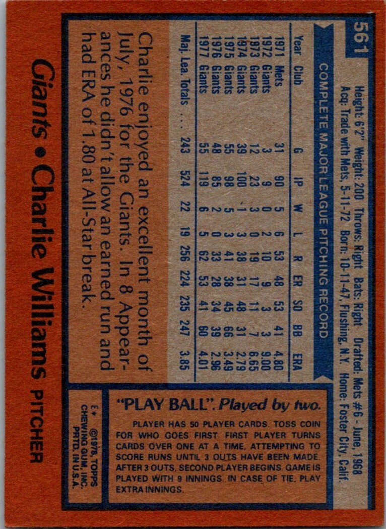 1978 Topps #561 Charlie Williams | eBay