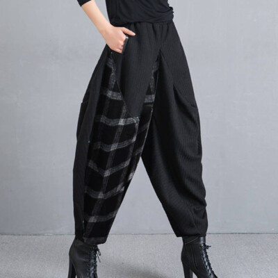 Damen Kariert Splice Hose Haremshose Jeans Tiefer Schritt Baggy Hip Hop