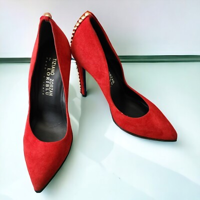 Tiziano Zorzan Loriblu Red Stilleto Suede Pumps Gold Studs Heels US 7 EU37 Italy