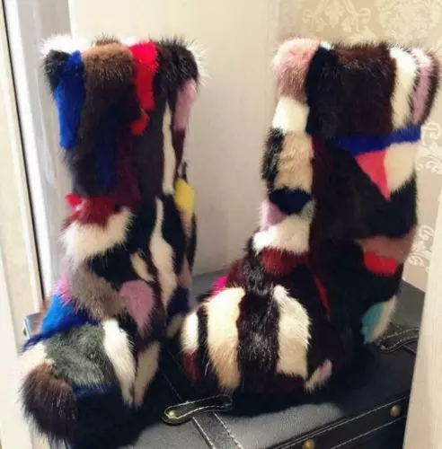 Real Mink Fur Women Mid-calf Boots Multi-Color Warm Pull On Snow Winter Shoes  - Bild 6 von 13