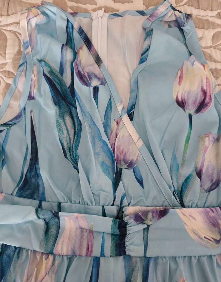 Duna Robe maxi bleu motif floral col V sans manches doublée taille S - Photo 4/4