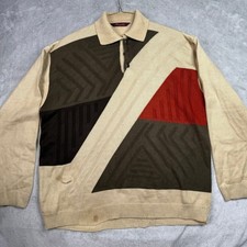 Bergali Mens 2XL Geometric Print Knit Polo Shirt Long Sleeve Button Neck Beige