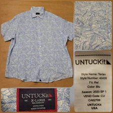 Untuckit Men’s 100% Linen Short Sleeve Shirt Blue Floral Print Casual Camp XL 
