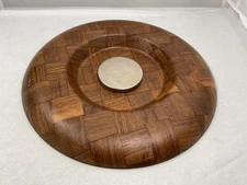 Vintage MCM wood block collage chip and dip bowl stand serving tray