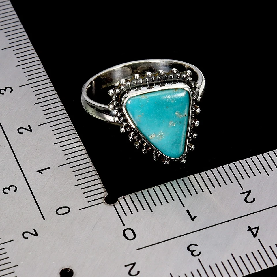 Anillo de plata de ley 925 turquesa 13x11 mm hecho a mano joyas de piedras preciosas tamaño 8,5 Foto 3 de 4