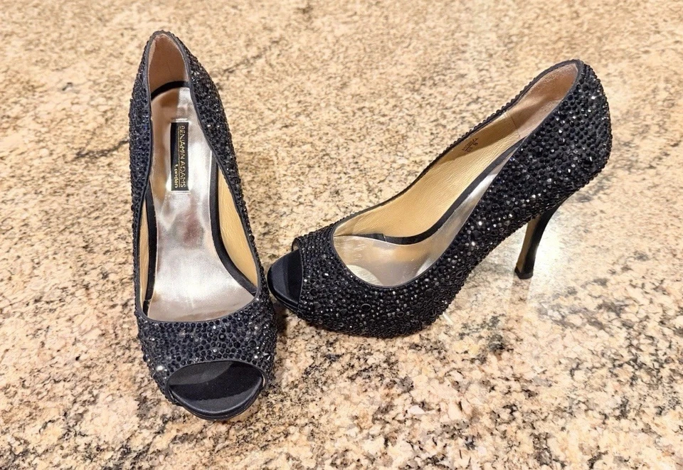 Zapatos de novia Benjamin Adams GAGA de cuero negro cristal de Swarovski talla 38,5 EE. UU. 8 Foto 2 de 4