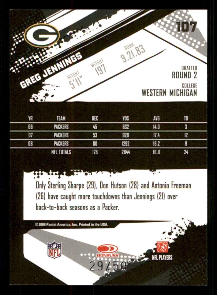 2009 Score Inscriptions Scorecard #107 Greg Jennings /50 - Image 2 of 2