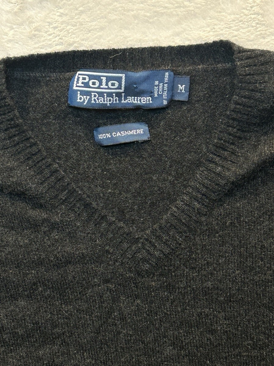 Polo Ralph Lauren Men's M Black Gray 100% Cashmere V Neck Sweater