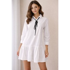 ENGLISH FACTORY White Shirt Dress with Black Tie Bow Drop Waist Size S