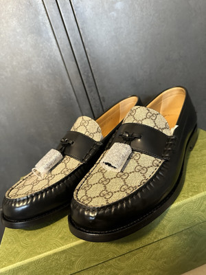 Gucci Mens GG Monogram Brown Print Black Leather Loafer Size  display picture 2