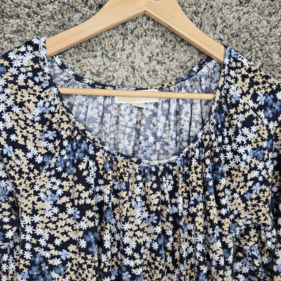 Michael Kors Top Womens Large Blue Floral Print Peasant Blouse 3/4 Sleeve Casual - Image 4 of 4