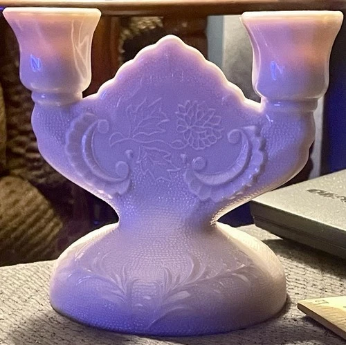 Vintage Jeannette Shell Pink Milk Glass Double Candlestick Holder