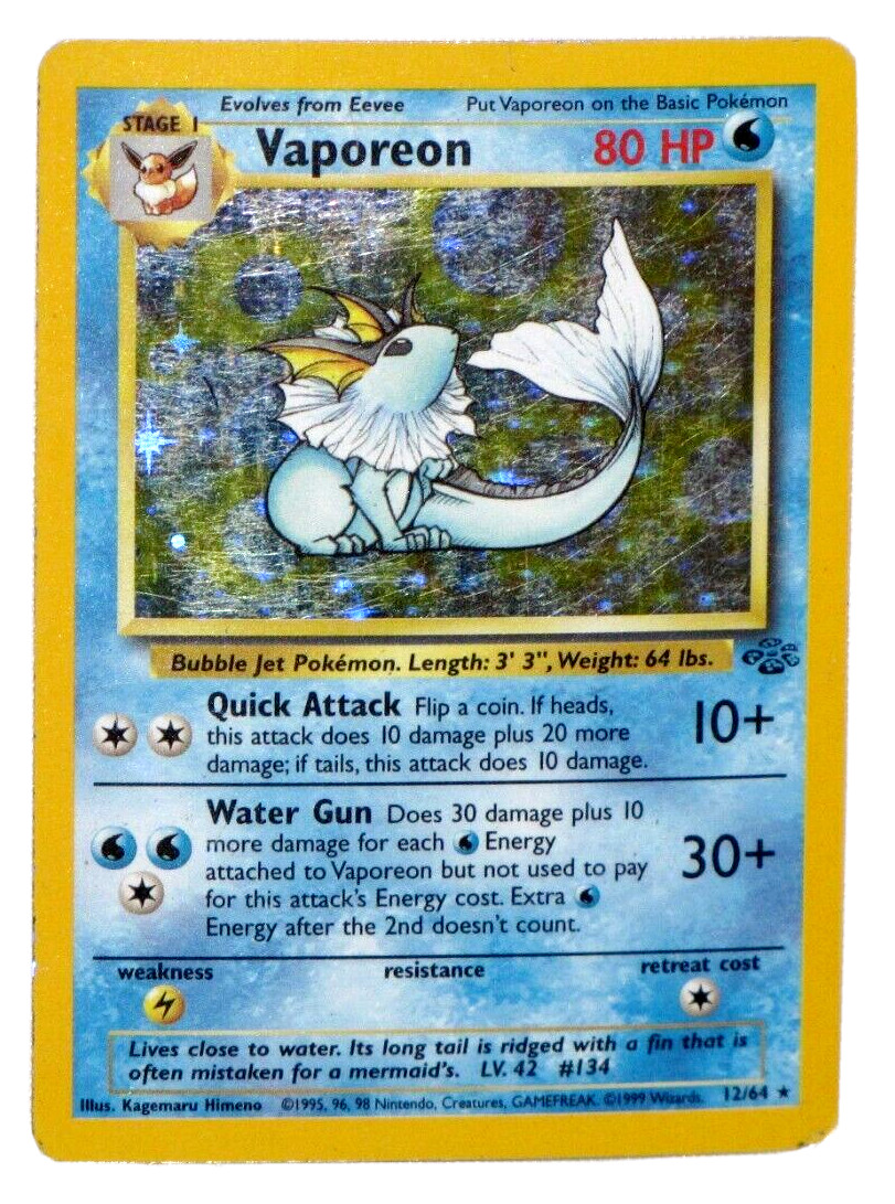 Vaporeon 12/64 Pokemon Base Jungle Set Card Holofoil 1999 Rare