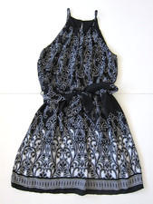 Bisou Bisou Black White Floral Sleeveless high Neck Empire Waist Sun Dress 2