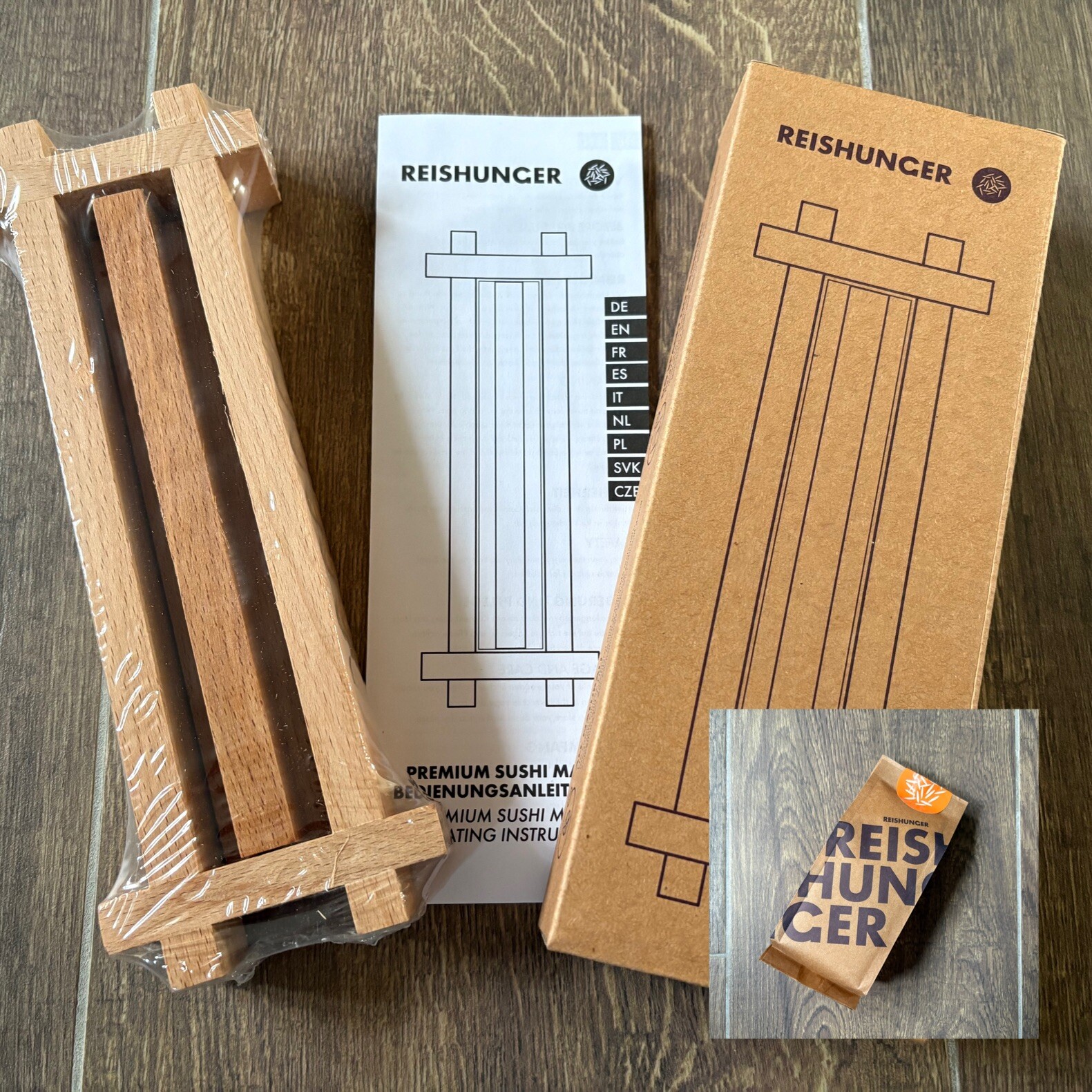Reishunger Premium Sushi Maker aus Birkenholz & 200g Bioreis Maki Nigiri Presse