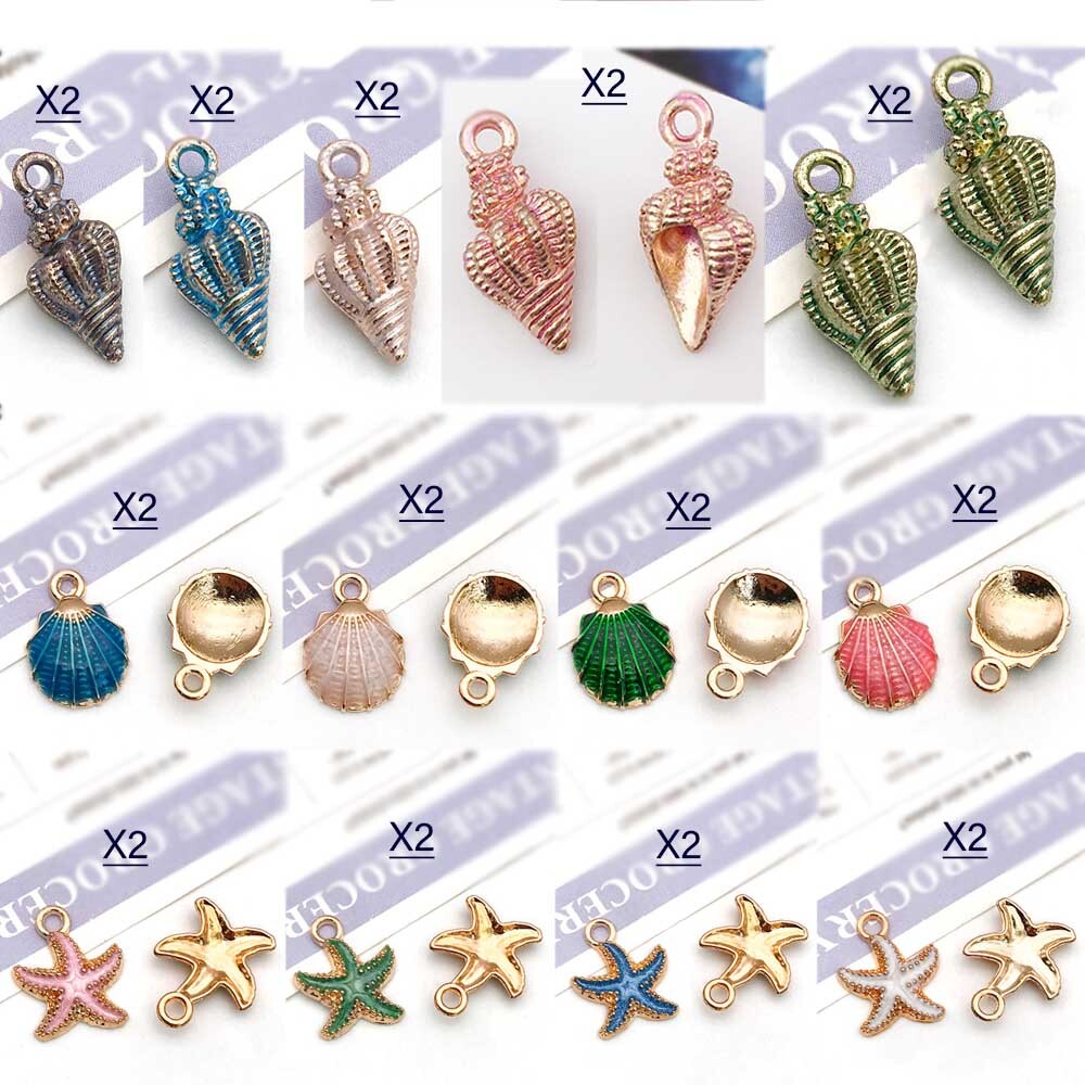 、 26Pcs Mixed Starfish Conch Shell Metal Charms Pendant DIY Jewelry