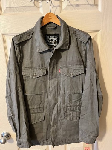 NWT Levi's Washed Cotton Military Jacket Screen Print Logo Charcoal Grey Medium - Picture 1 of 16