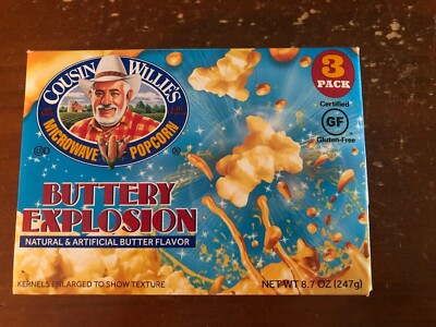 Lot 6 Boxes Cousin Willie's Buttery Explosion Microwave Popcorn (3 Bags Per Box)