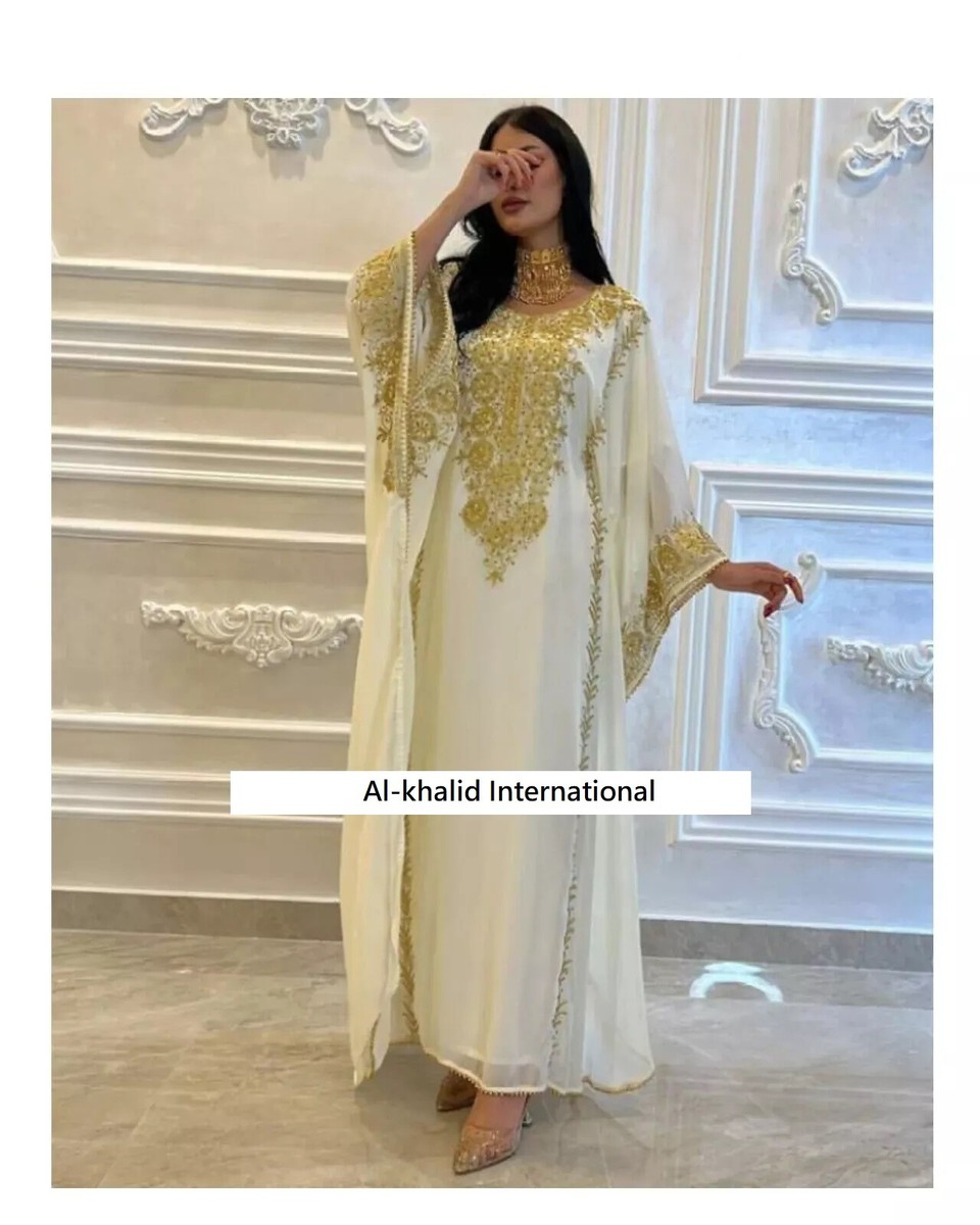 slim fit dress slacks Wedding Moroccan Style Caftan White Color, Georgette Fabric, Handmade, Golden Embroidered, Moroccan Style White / L main image 0