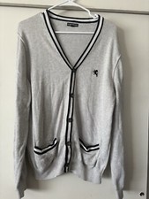 Express Cardigan Sweater Men  s Large Gray  Black Trim Logo Button Up Preppy