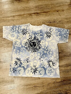 Vintage TShirt EZL Sun Moon Stars All Over Print  USA Psychedelic Celestial 90s