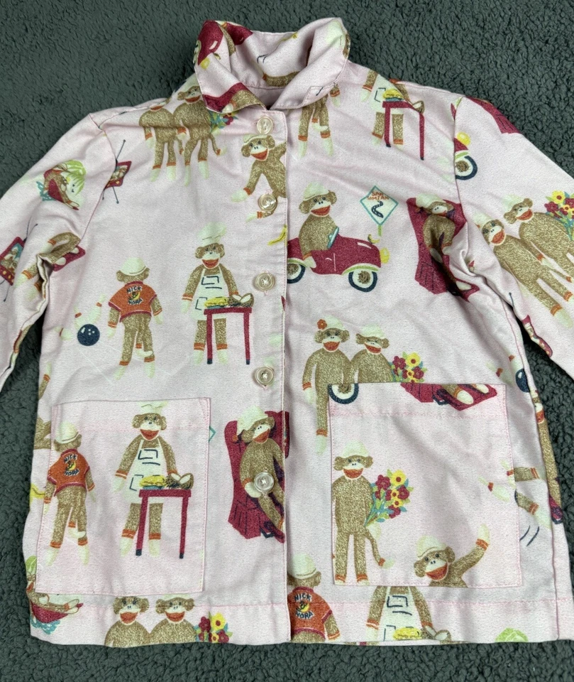 Nick Nora Kid XS 5 Girls Pink Sock Monkey Pajama Set 2pc Flannel Button Pockets - Image 4 of 4