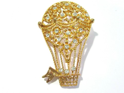 Hot Air Balloon Open Work Crystal Gold Tone Fancy Beaded Metal