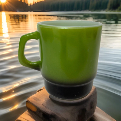 Fire King Stacking Avocado Green Black Coffee Mugs Cup Vintage D Handle Nice!