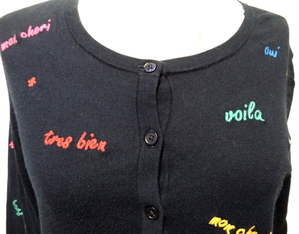 Talbots Embroidered French Cardigan sweater top Voila Merci Bonjour Large Lg L - Image 3 of 4