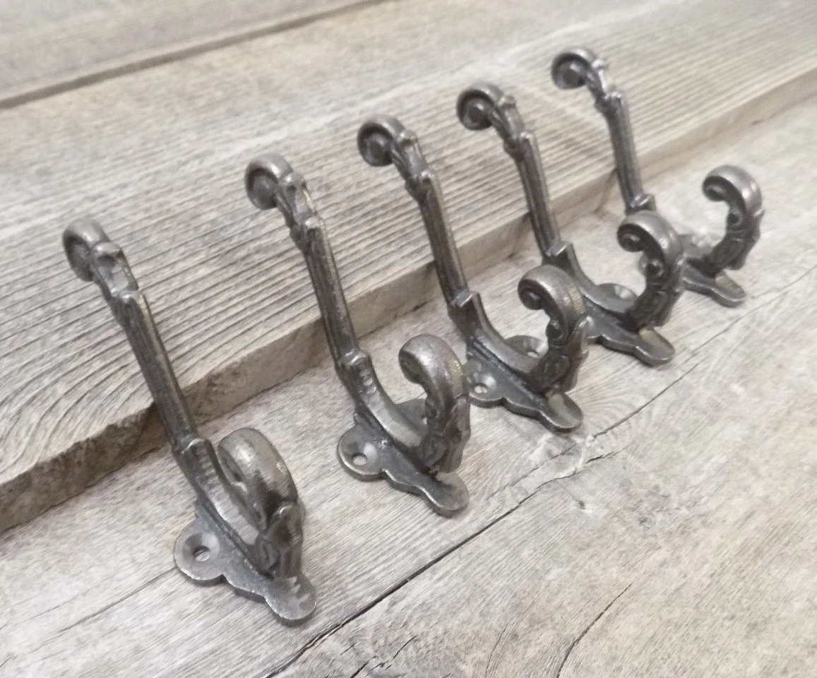 5 COAT HOOKS IRON VINTAGE ANTIQUE LOOK HAT HOOK KEY BATH HARDWARE SILVER  SMALL