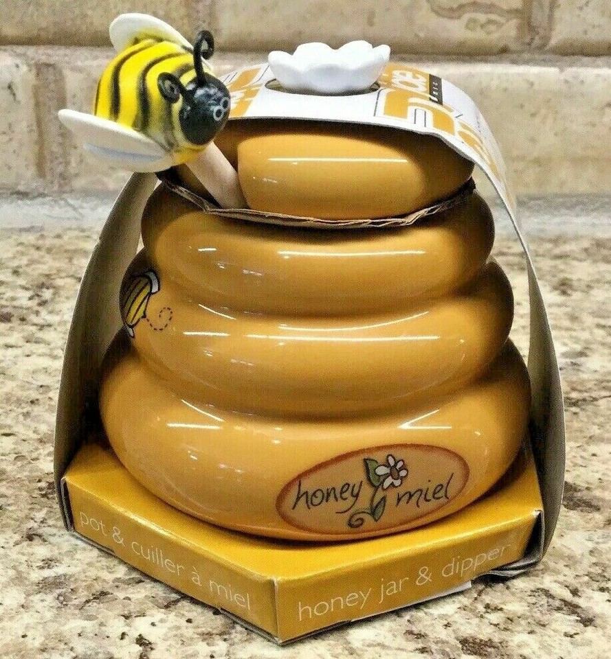 Joie Honey Ceramic Jar & Wood Dipper Beehive with Bee Collectible