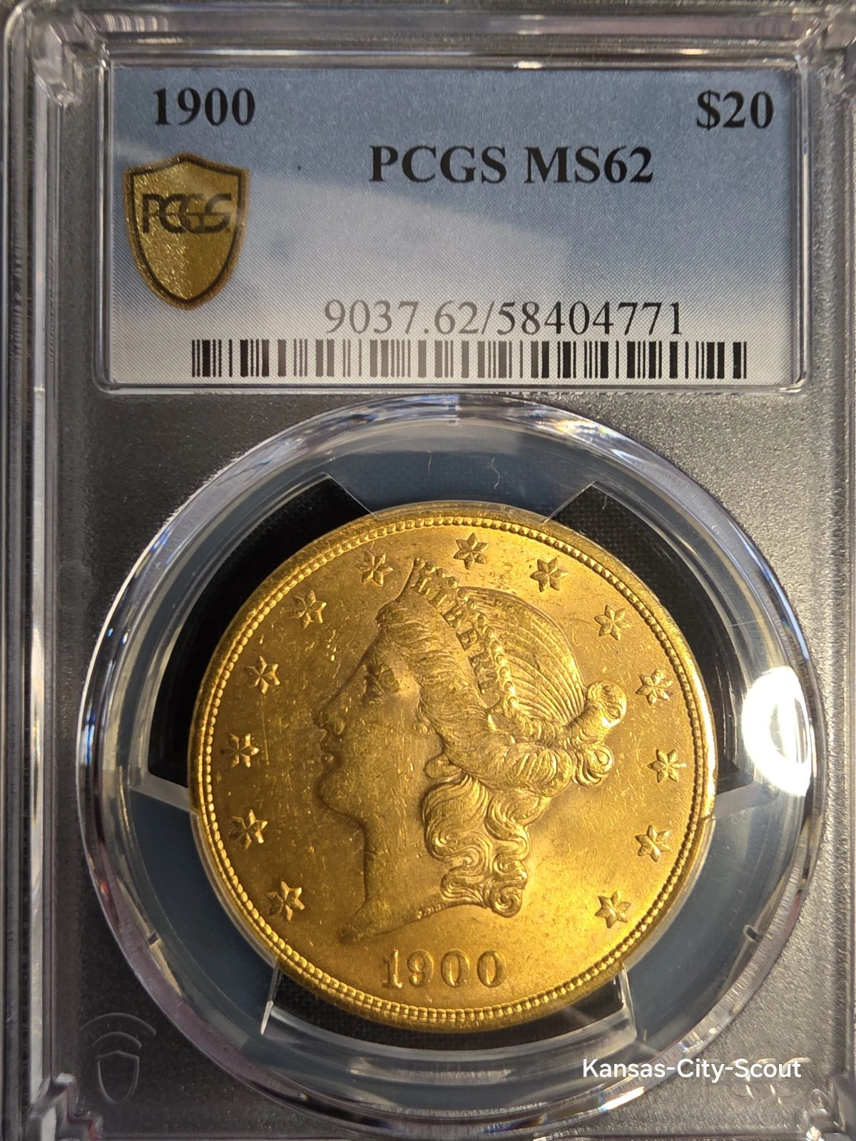 1900 GOLD USA $20 DOLLAR LIBERTY DOUBLE EAGLE PCGS MINT STATE 62 Gold shield.