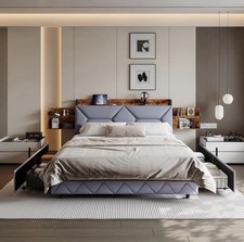 Letto 160x200 imbottito grigio con 4 cassetti, USB, LED – senza materasso